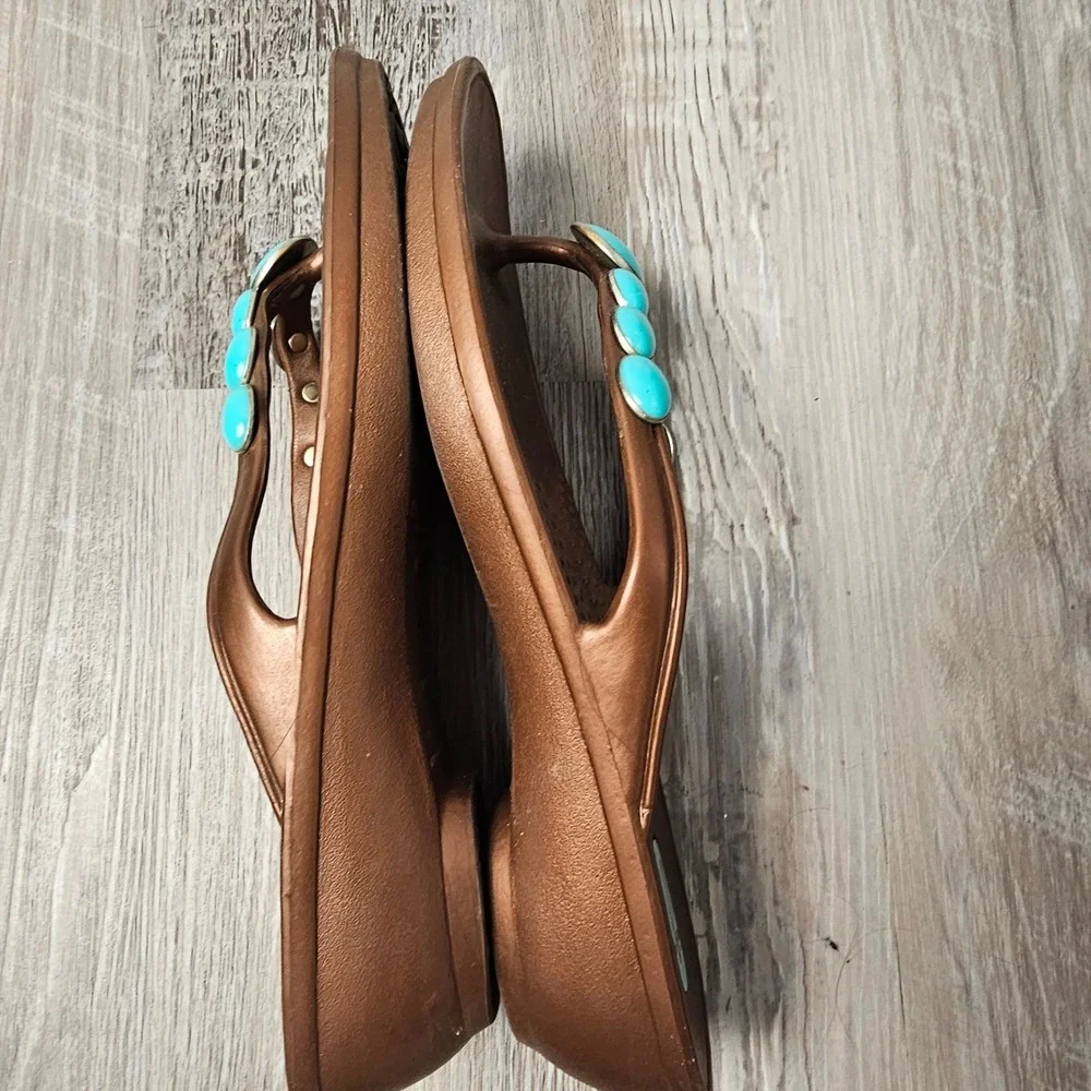Oka-B Womens Turquoise Cabochon Wedge Sandals ML 8.5-9.5 Copper Southwestern